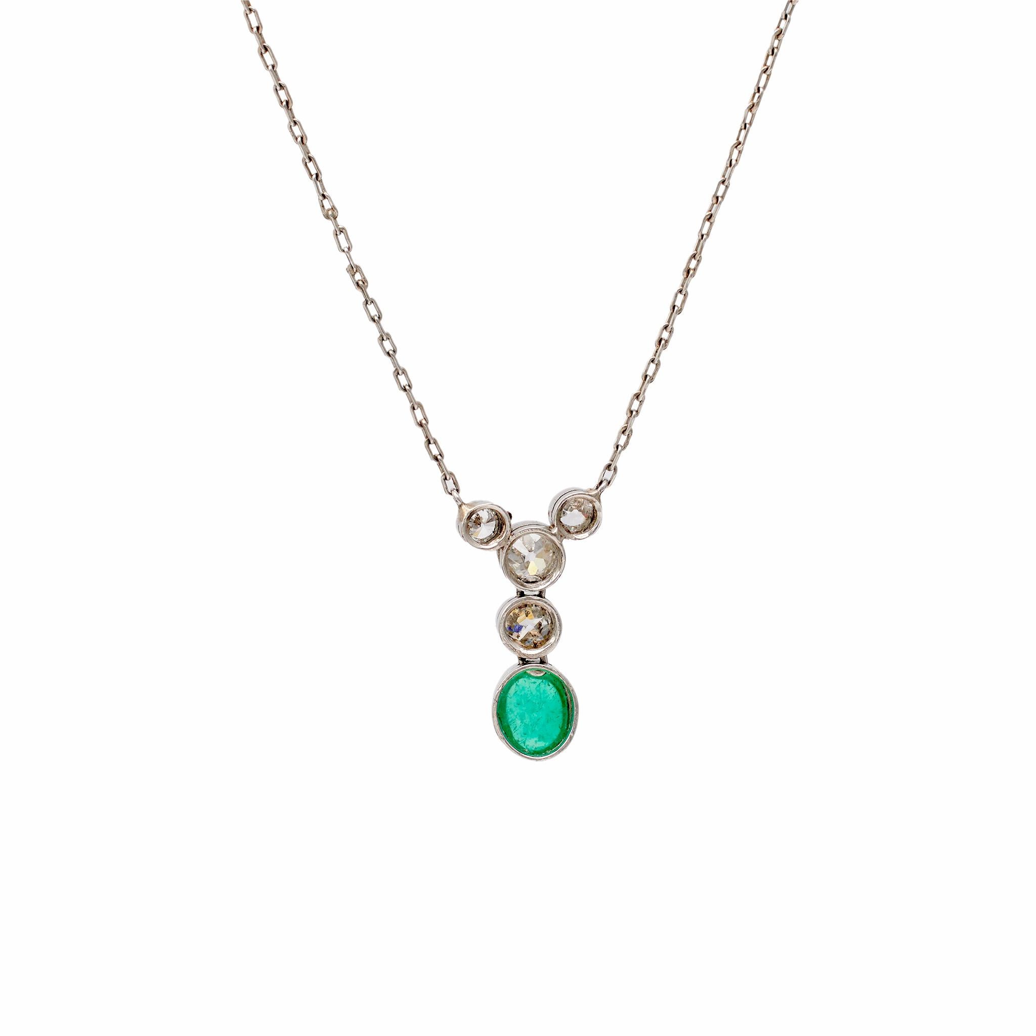 Women's or Men's Art Deco Inspired Emerald and Diamond Platinum 18k White Gold Necklace