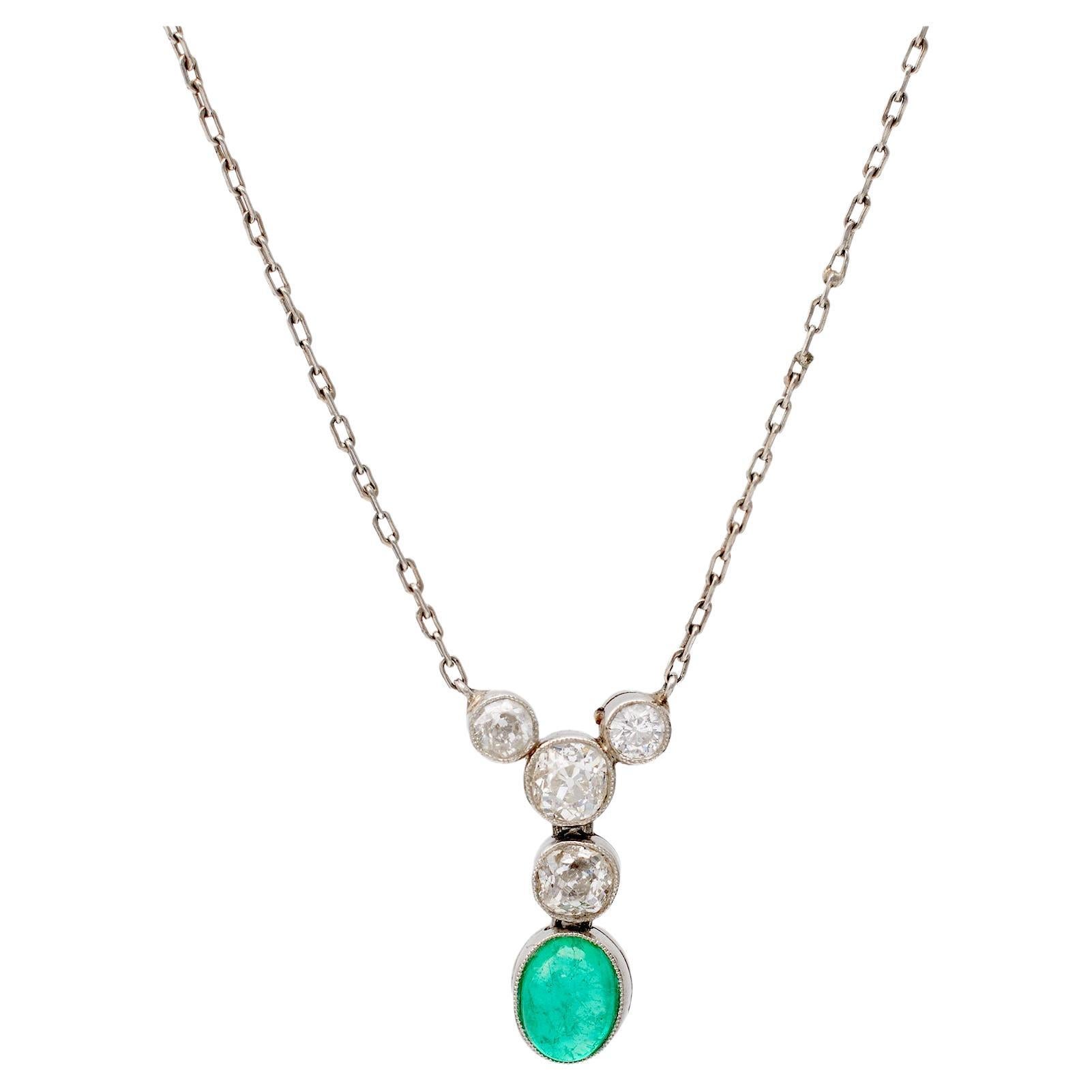 Art Deco Inspired Emerald and Diamond Platinum 18k White Gold Necklace