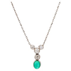 Art Deco Inspired Emerald and Diamond Platinum 18k White Gold Necklace