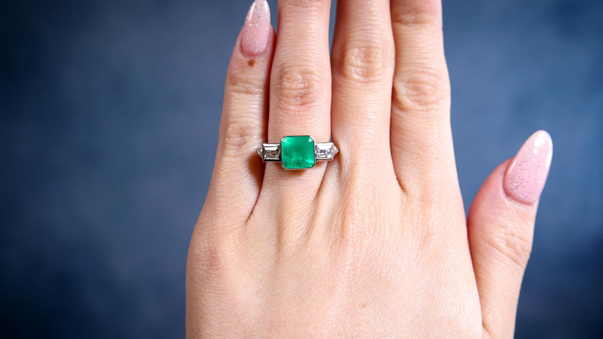 Emerald Cut Art Deco Inspired Emerald and Diamond Platinum Ring For Sale