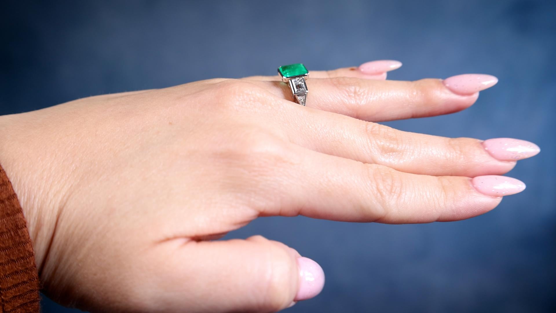 Art Deco Inspired Emerald and Diamond Platinum Ring In Excellent Condition For Sale In Beverly Hills, CA