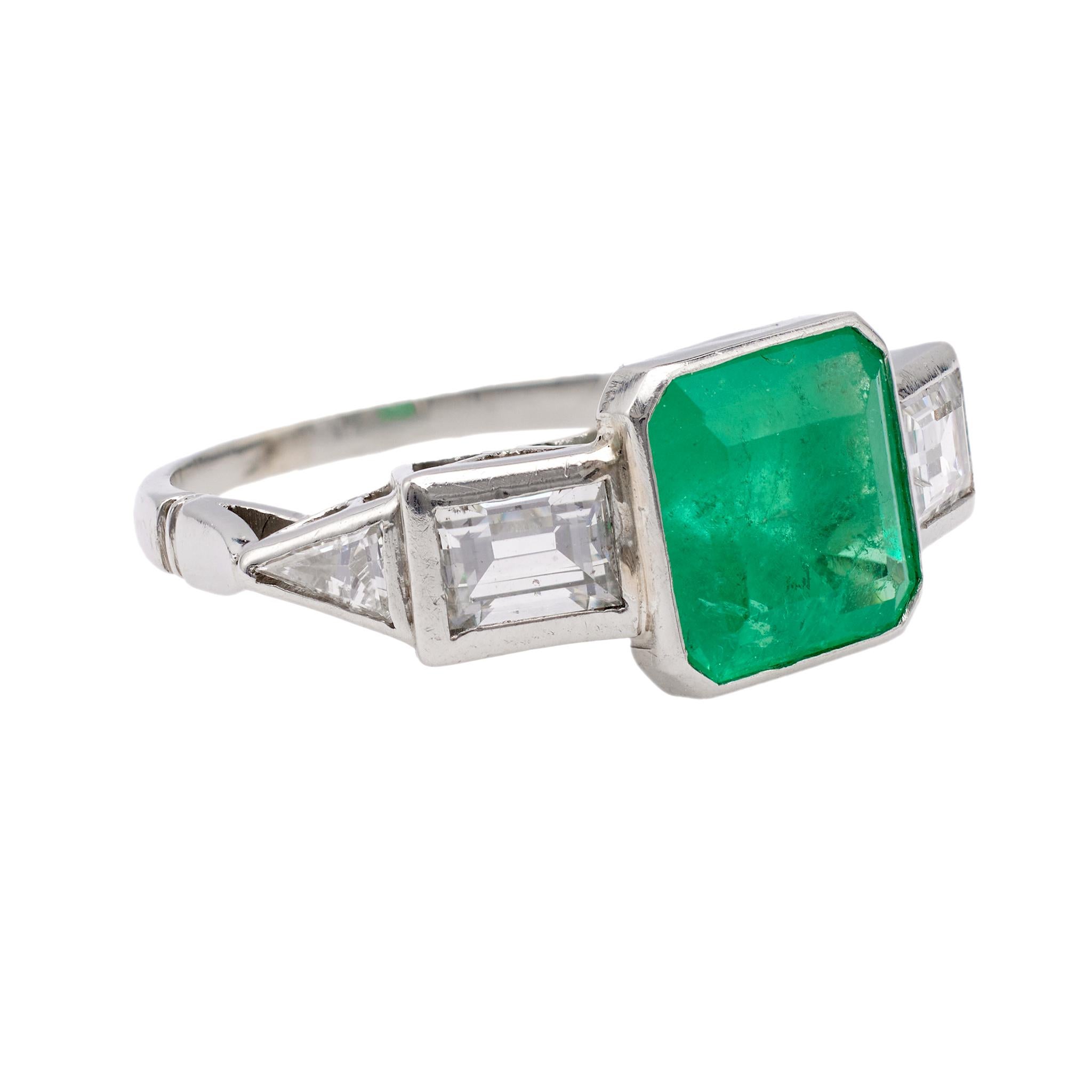 Women's or Men's Art Deco Inspired Emerald and Diamond Platinum Ring For Sale