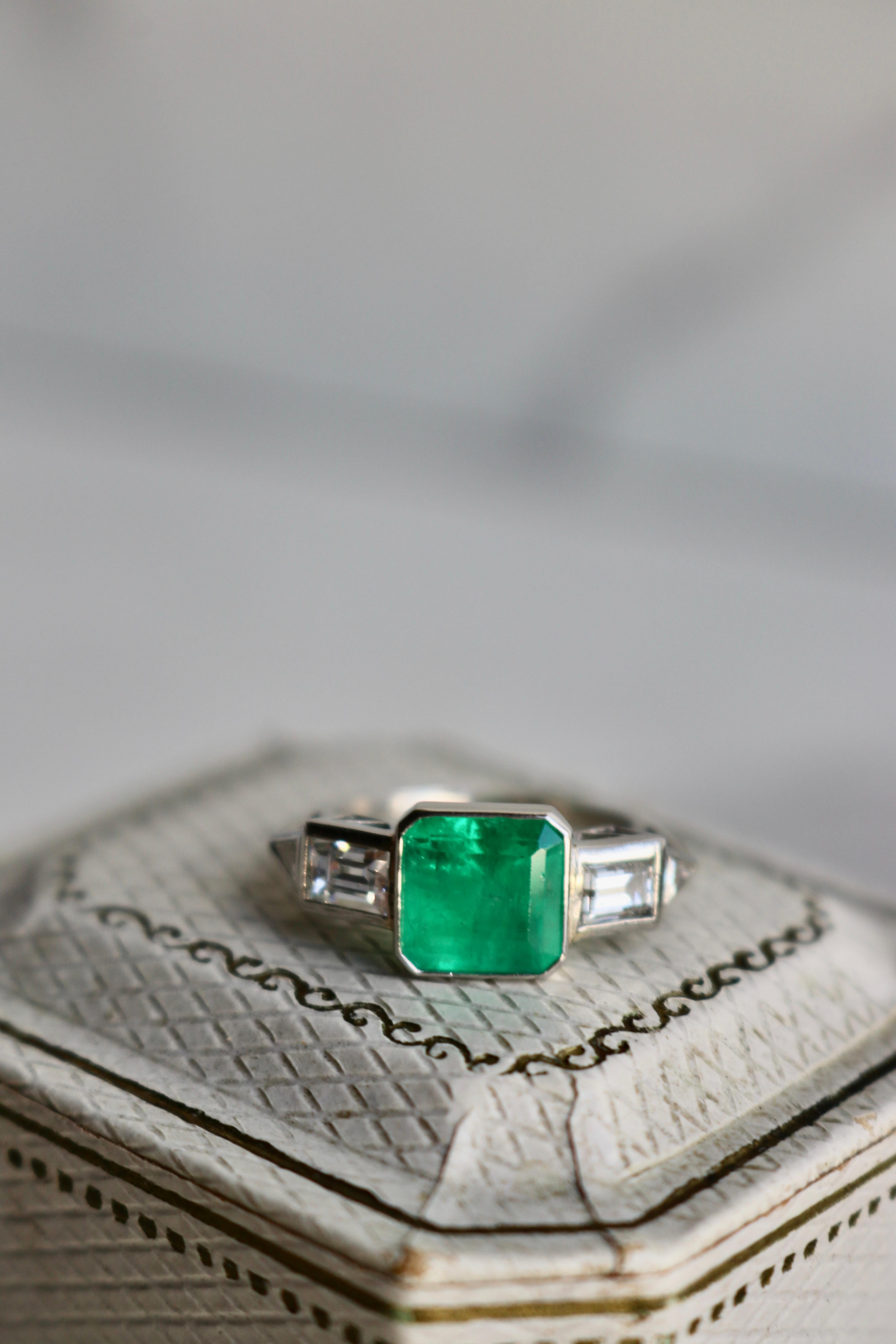 Art Deco Inspired Emerald and Diamond Platinum Ring For Sale 1