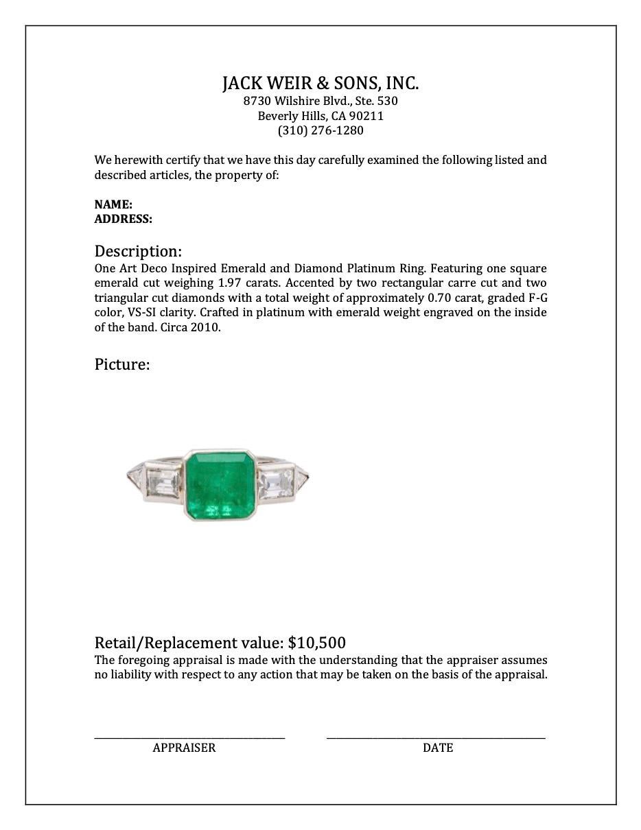 Art Deco Inspired Emerald and Diamond Platinum Ring For Sale 2