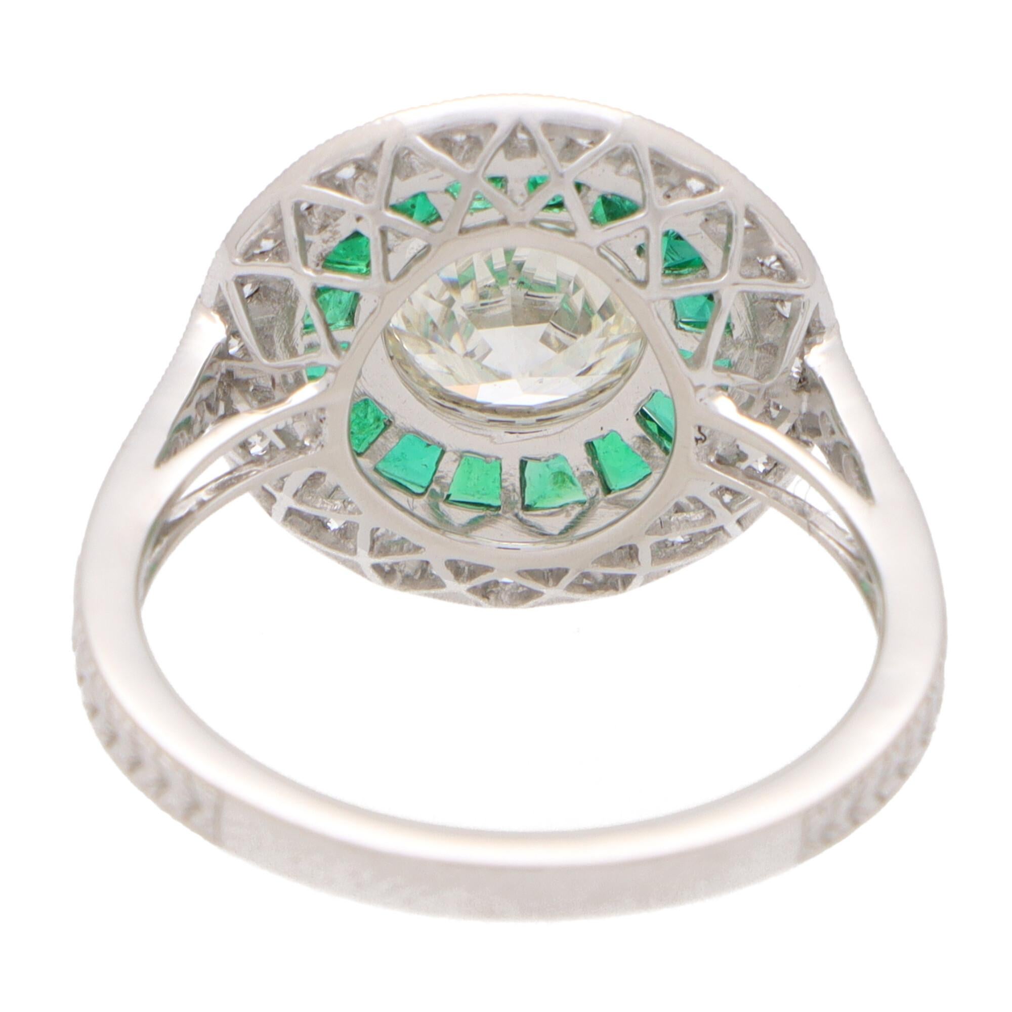 Old European Cut Art Deco Inspired Emerald and Diamond Target Halo Ring Set in Platinum