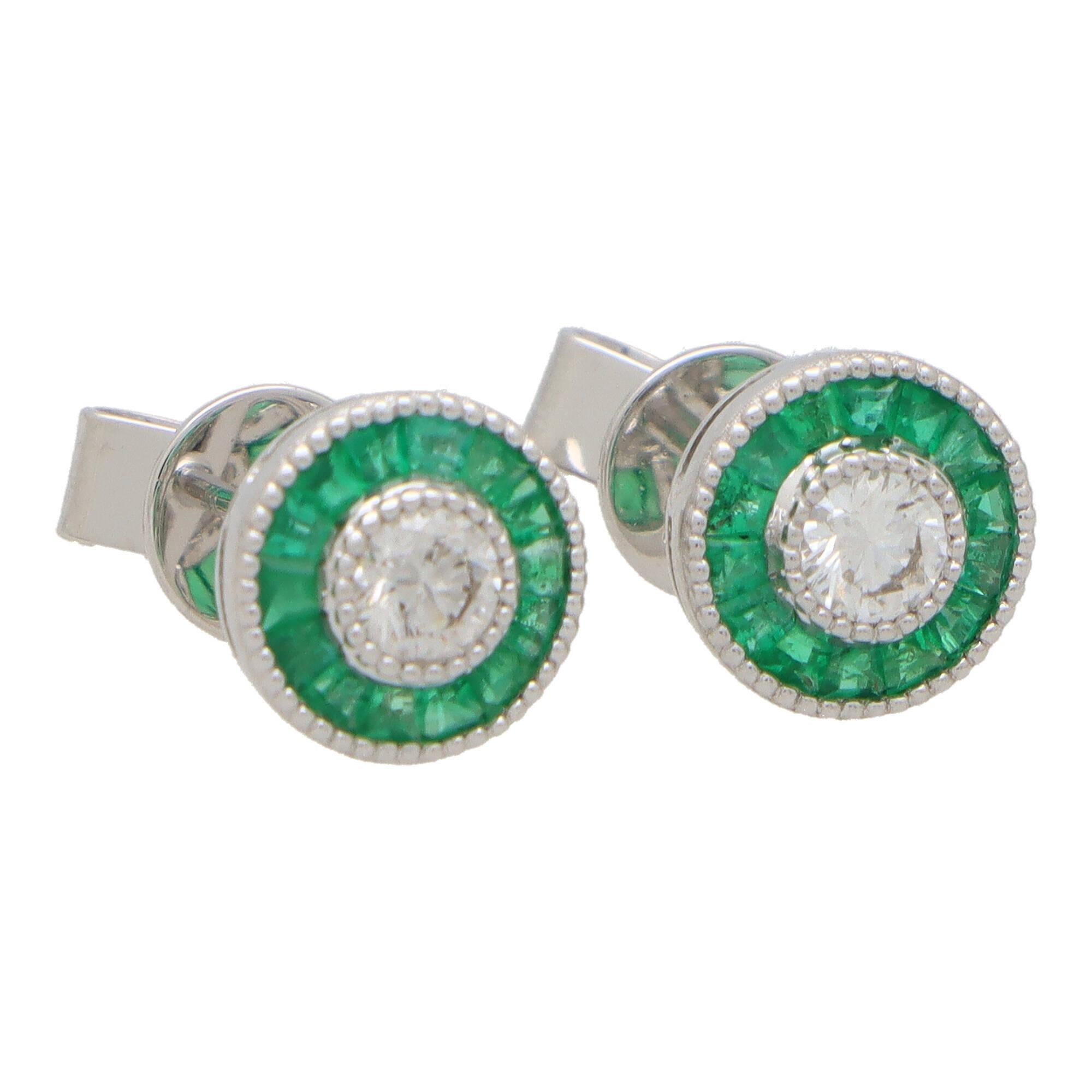 Round Cut Art Deco Inspired Emerald and Diamond Target Stud Earrings For Sale