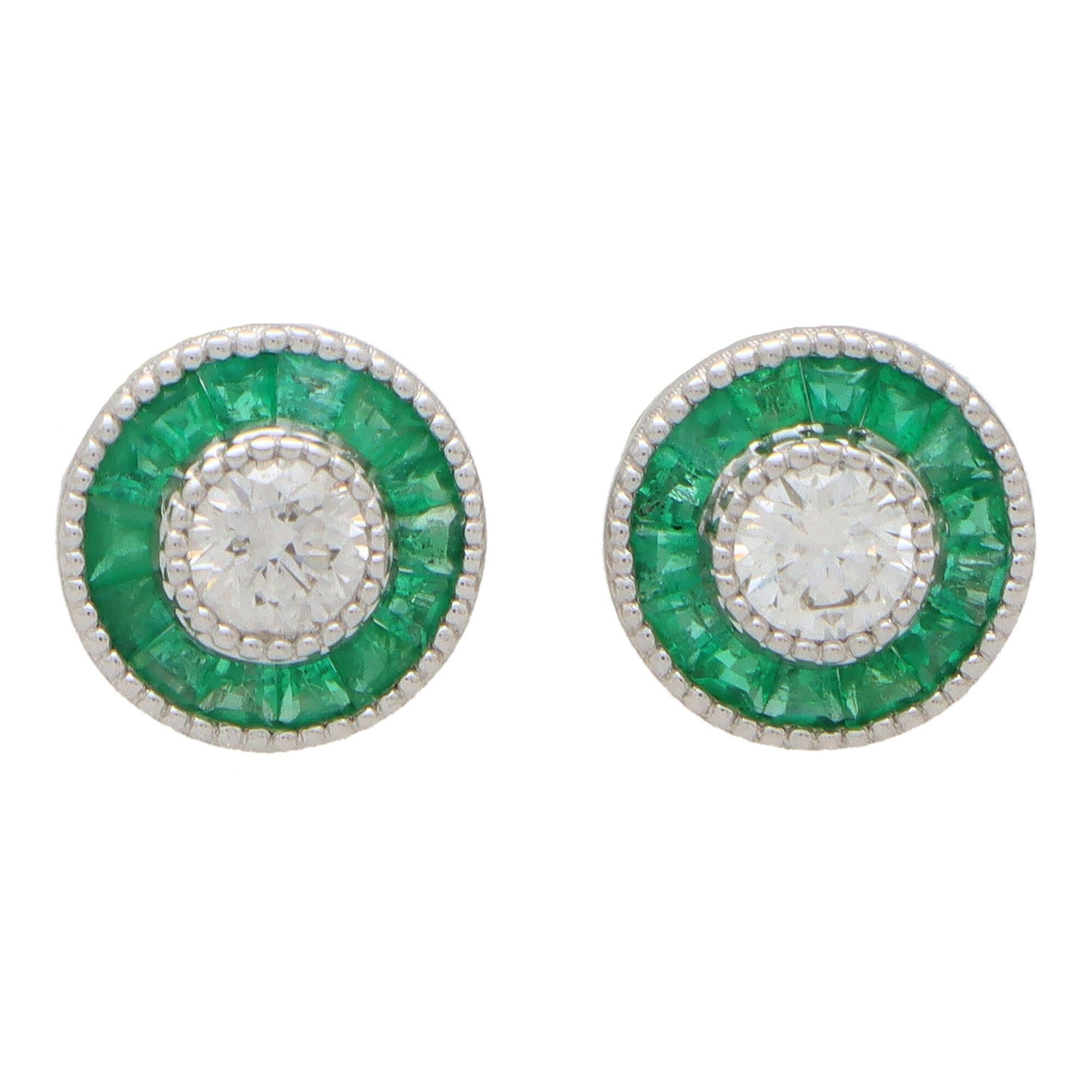 Art Deco Inspired Emerald and Diamond Target Stud Earrings In New Condition For Sale In London, GB