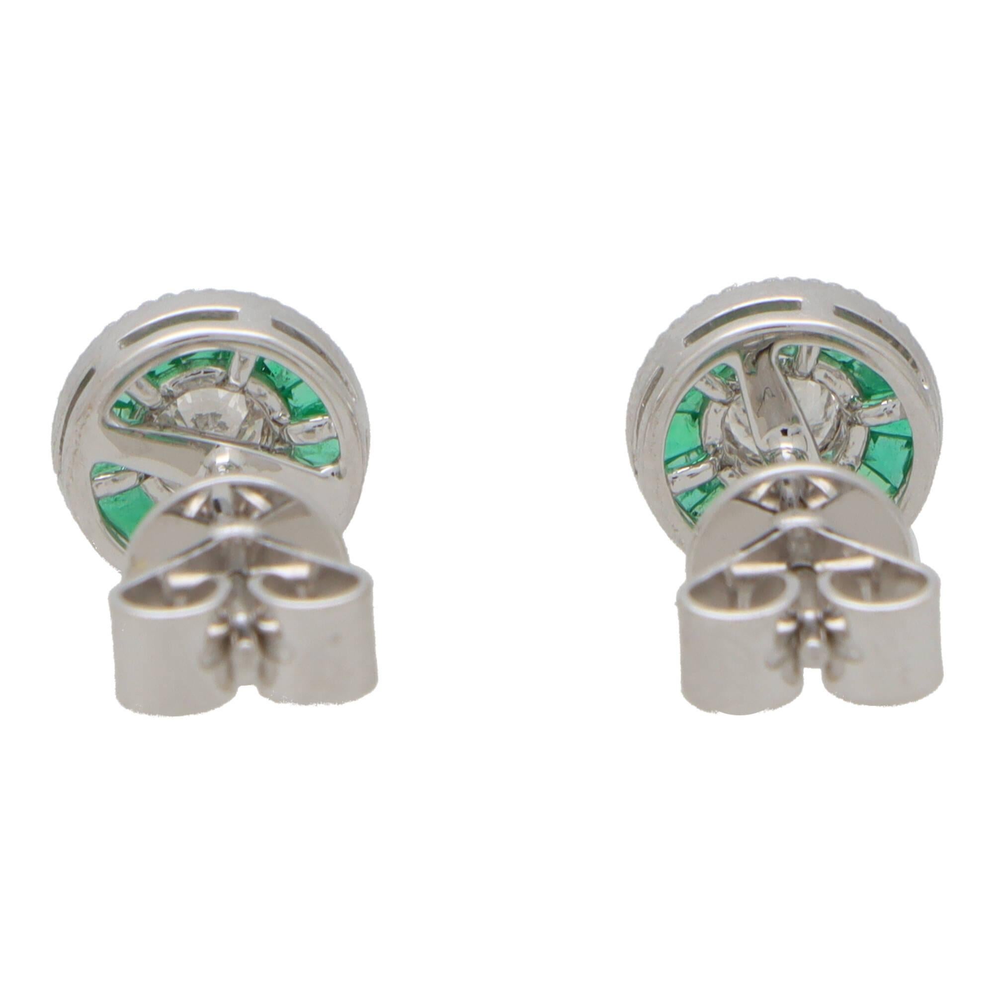 Art Deco Inspired Emerald and Diamond Target Stud Earrings For Sale 1