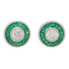 Art Deco Inspired Emerald and Diamond Target Stud Earrings