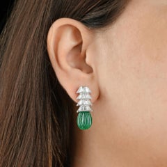 Art Deco Inspired Emerald Baguette Diamond Earrings 18 Karat White Gold Jewelry