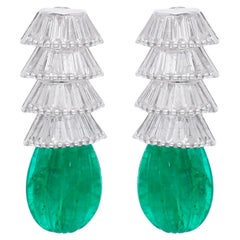Art Deco Inspired Emerald Baguette Diamond Earrings 18 Karat White Gold Jewelry