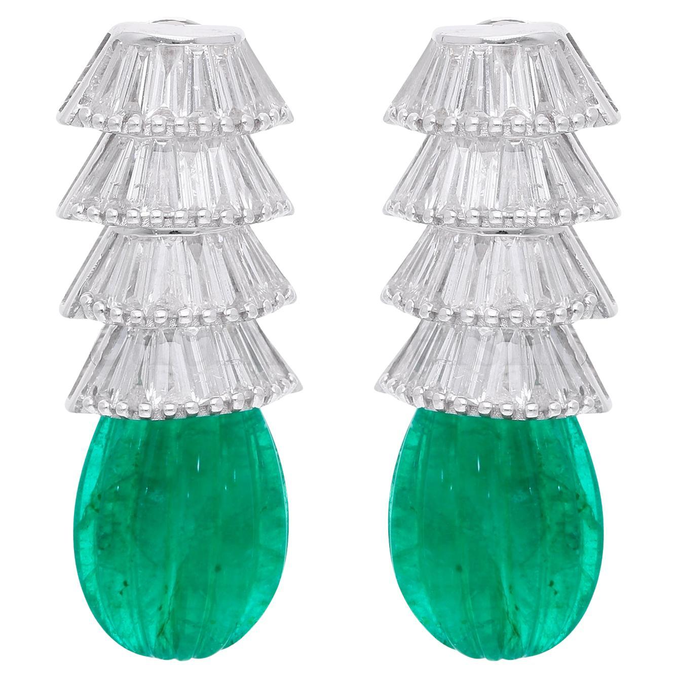 Art Deco Inspired Emerald Baguette Diamond Earrings 18 Karat White Gold Jewelry For Sale