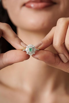 Art Deco Inspired Emerald & Baguette Diamonds Target Halo Ring in 14K White Gold