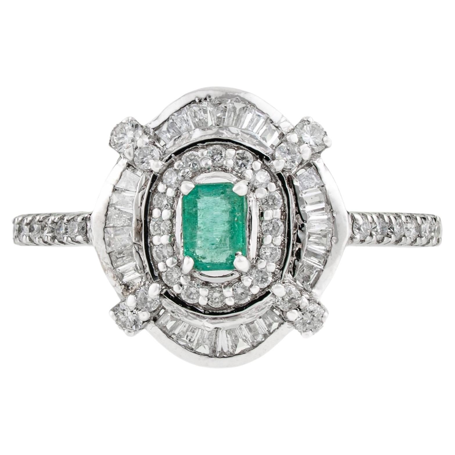 For Sale:  Art Deco Inspired Emerald & Baguette Diamonds Target Halo Ring in 14K White Gold
