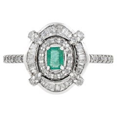 Art Deco Inspired Emerald & Baguette Diamonds Target Halo Ring in 14K White Gold