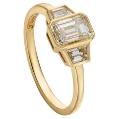 Art Deco Inspired Emerald Cut 1.40ct Diamond 18K Yellow Gold 3 Stone Ring