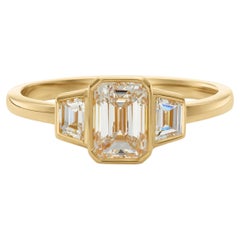 Art Deco Inspired Emerald Cut 1.40ct Diamond 18K Yellow Gold 3 Stone Ring