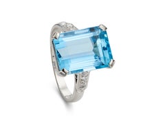 Art Deco Inspired Emerald Cut 7.60ct Aquamarine & Diamond 18K White Gold Ring