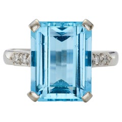 Art Deco Inspired Emerald Cut 7.60ct Aquamarine & Diamond 18K White Gold Ring
