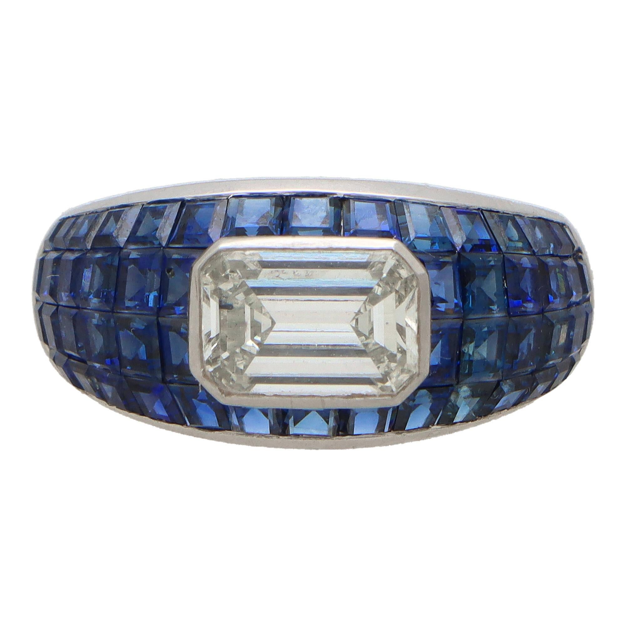 Art Deco Inspired Emerald Cut Diamond and Blue Sapphire Bombe Dress Ring  In Excellent Condition For Sale In London, GB