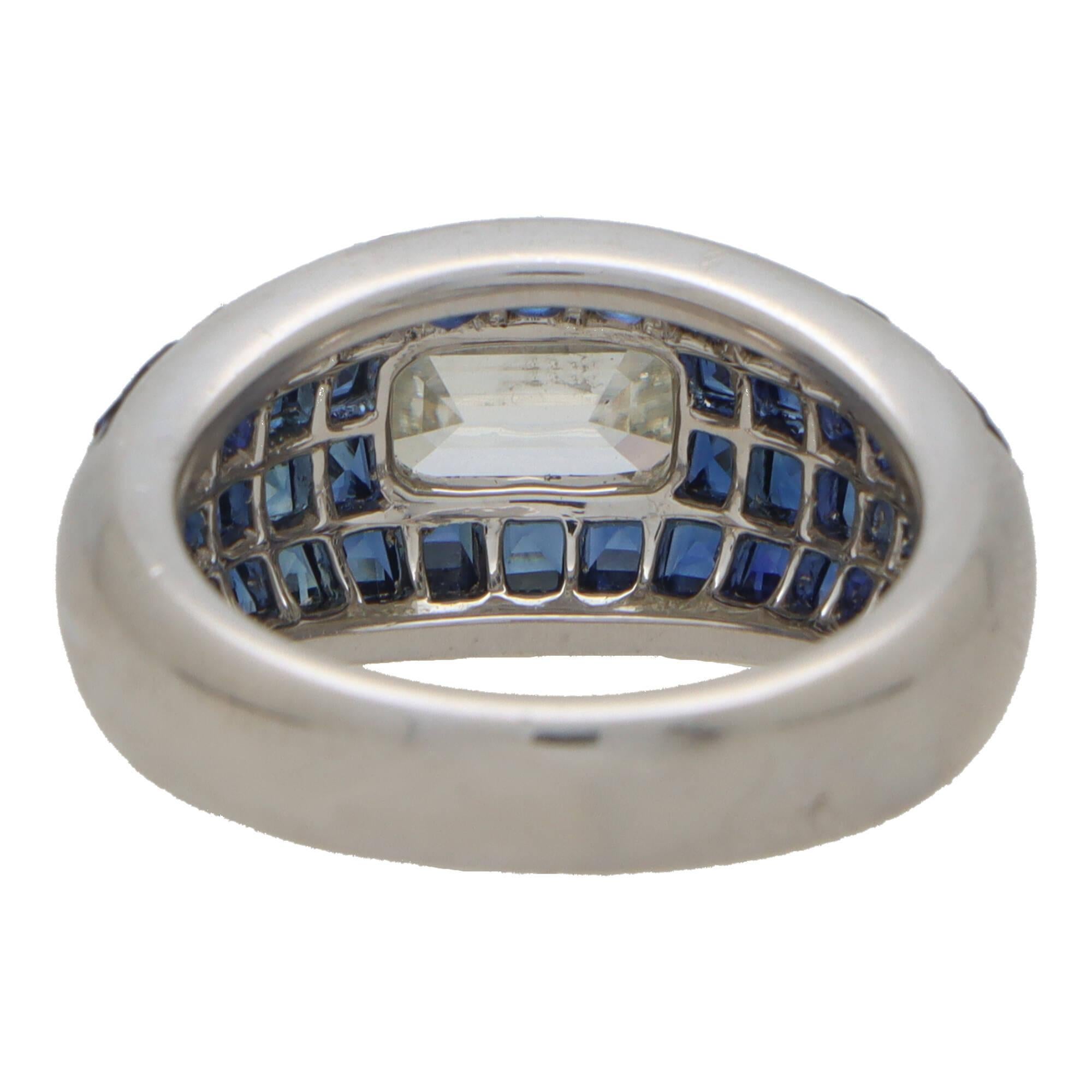 Art Deco Inspired Emerald Cut Diamond and Blue Sapphire Bombe Dress Ring  For Sale 1