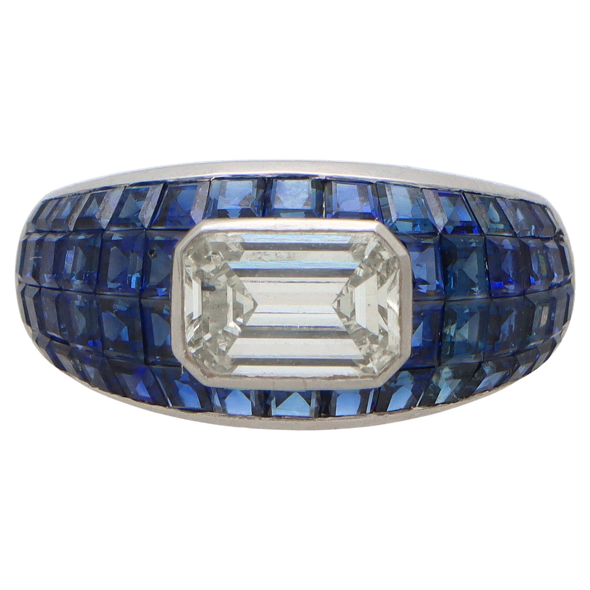 Art Deco Inspired Emerald Cut Diamond and Blue Sapphire Bombe Dress Ring  For Sale