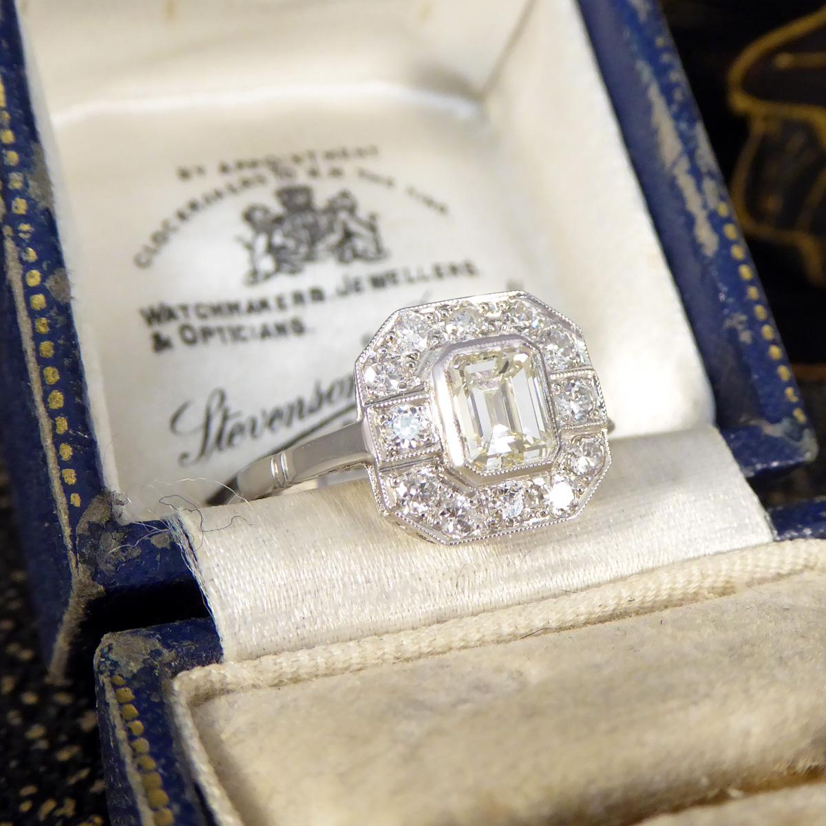 Art Deco Inspired Emerald Cut Diamond Cluster Ring in Platinum For Sale 6