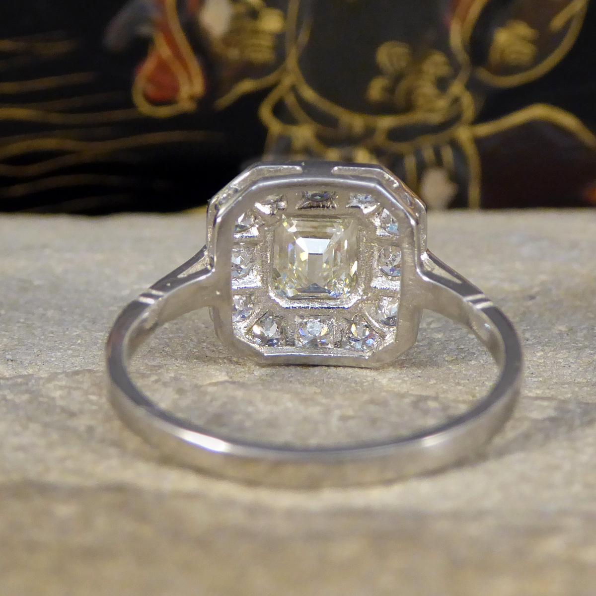 Women's Art Deco Inspired Emerald Cut Diamond Cluster Ring in Platinum For Sale