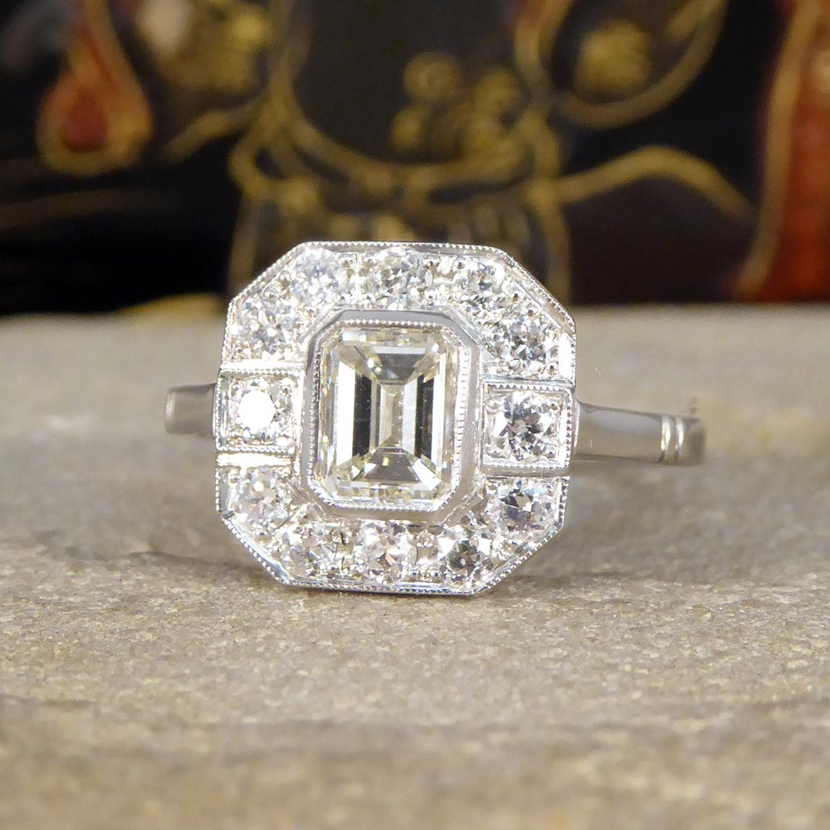 Art Deco Inspired Emerald Cut Diamond Cluster Ring in Platinum For Sale 1