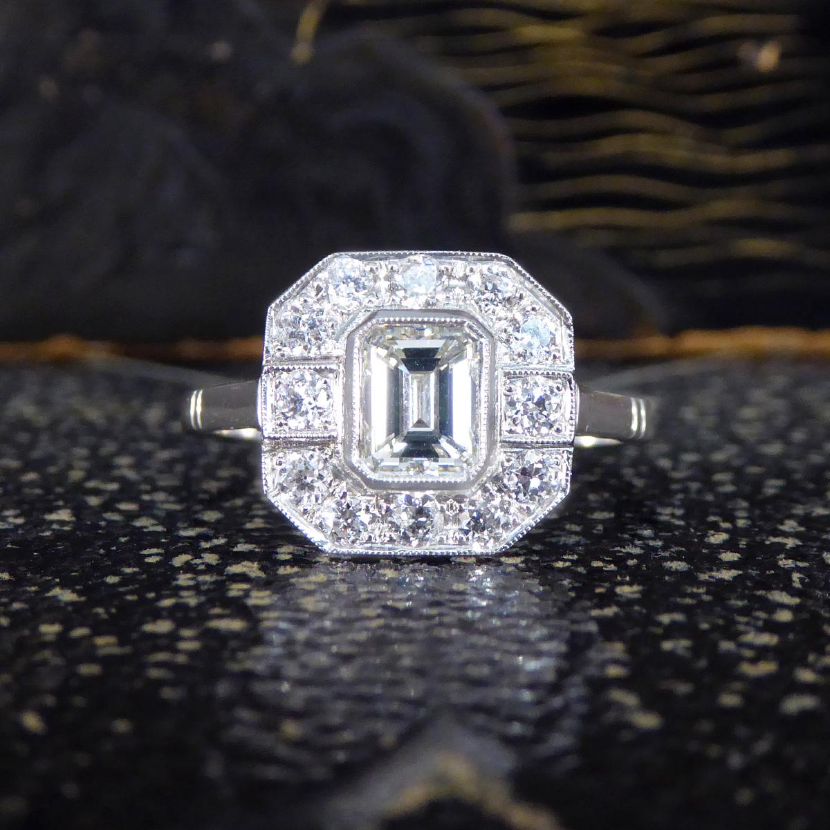 Art Deco Inspired Emerald Cut Diamond Cluster Ring in Platinum For Sale 2