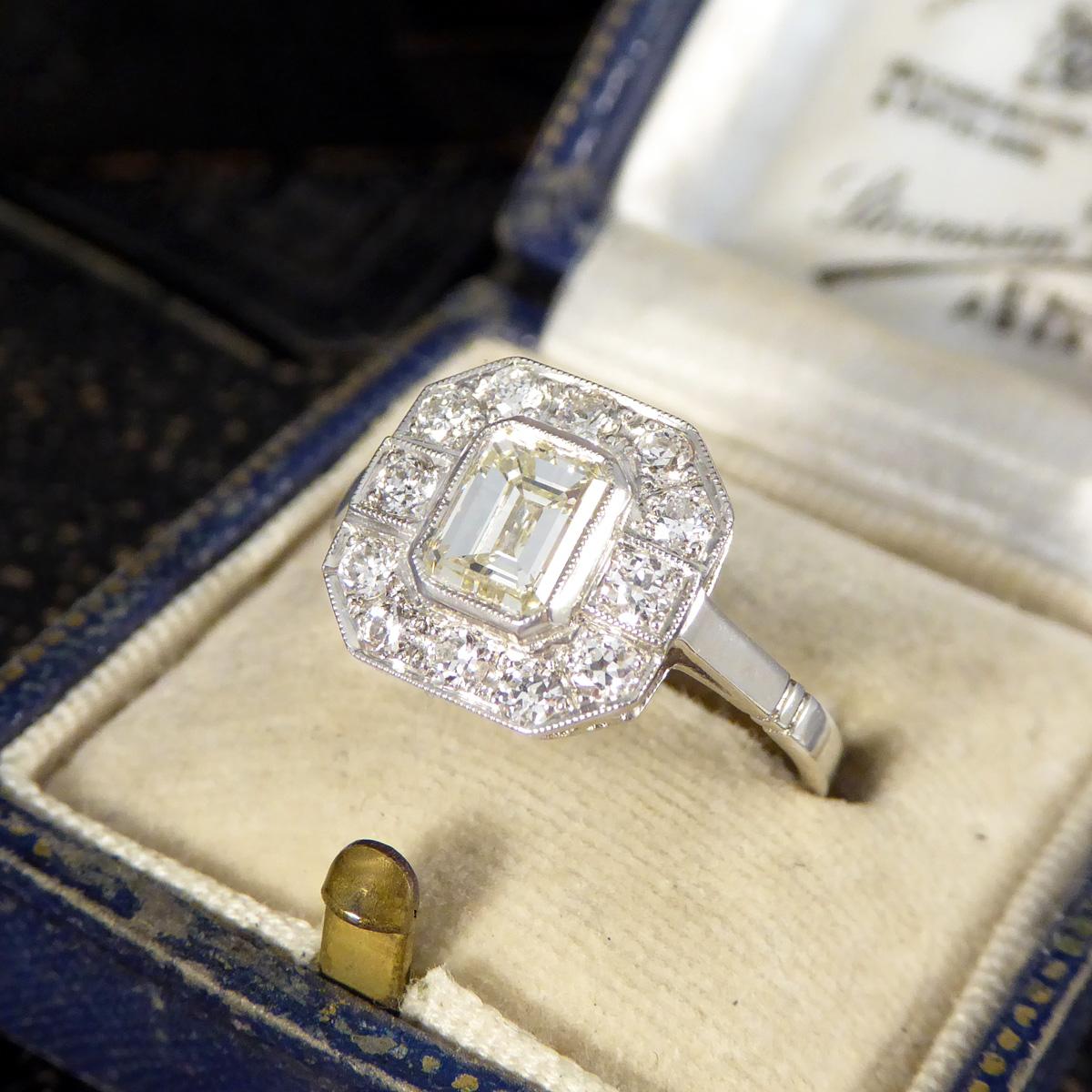 Art Deco Inspired Emerald Cut Diamond Cluster Ring in Platinum For Sale 3