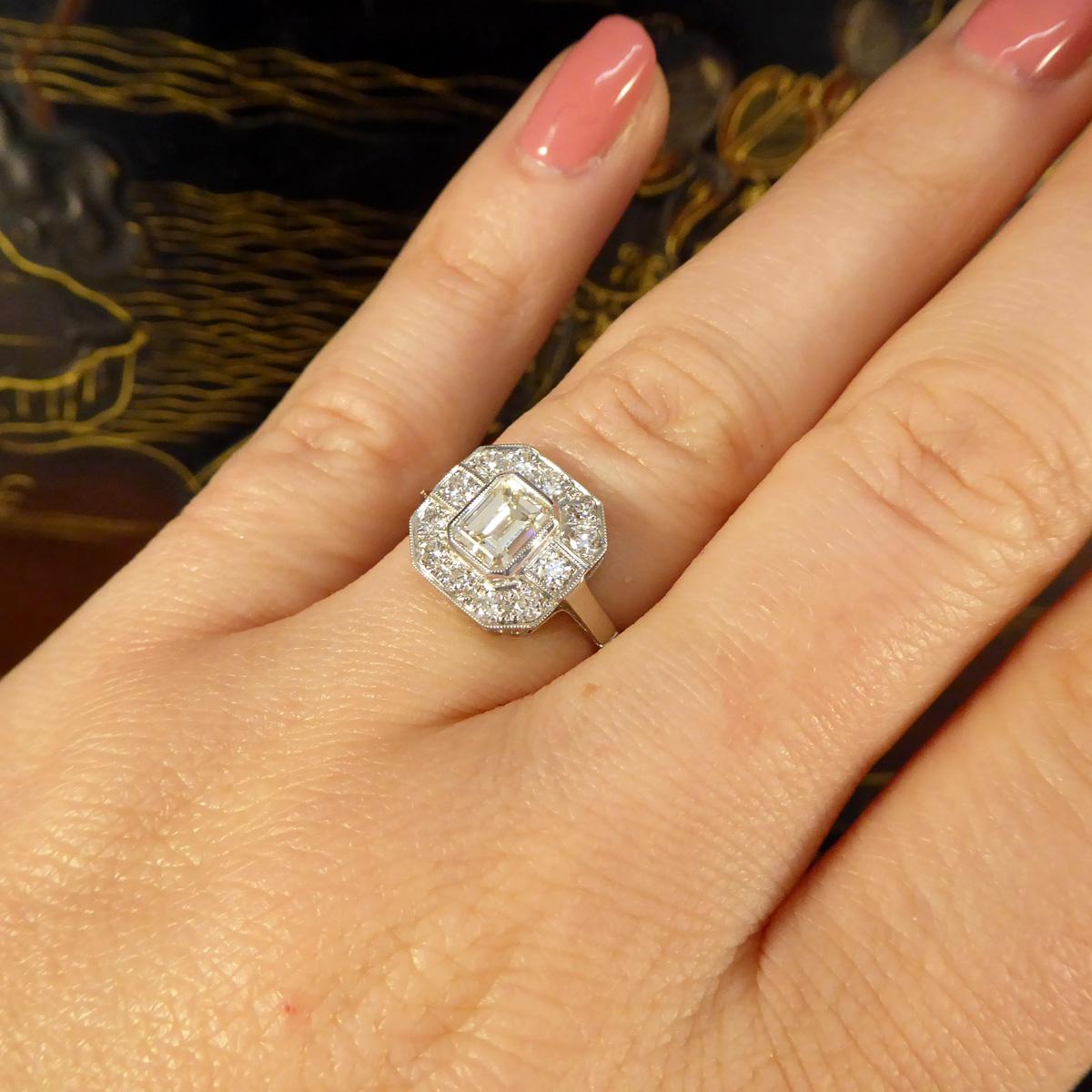 Art Deco Inspired Emerald Cut Diamond Cluster Ring in Platinum For Sale 4
