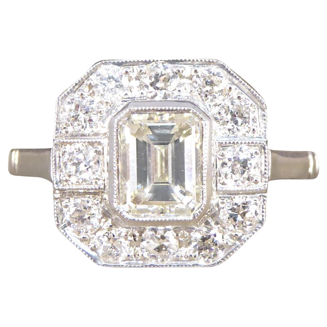 Art Deco Inspired Emerald Cut Diamond Cluster Ring in Platinum For Sale