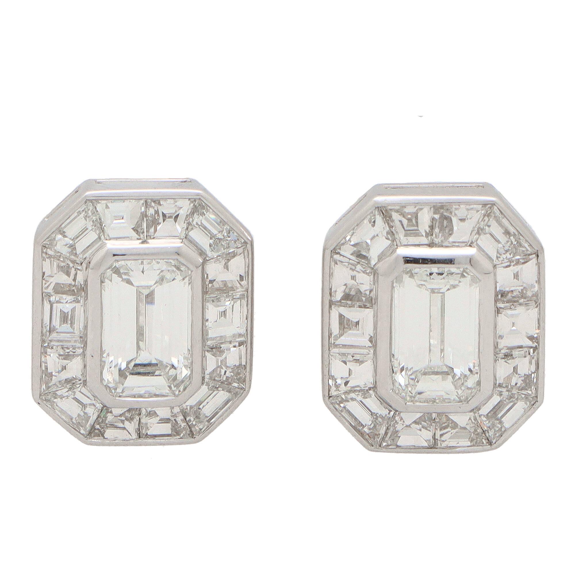  Art Deco Inspired Emerald Cut Diamond Target Earrings in Platinum For Sale 1