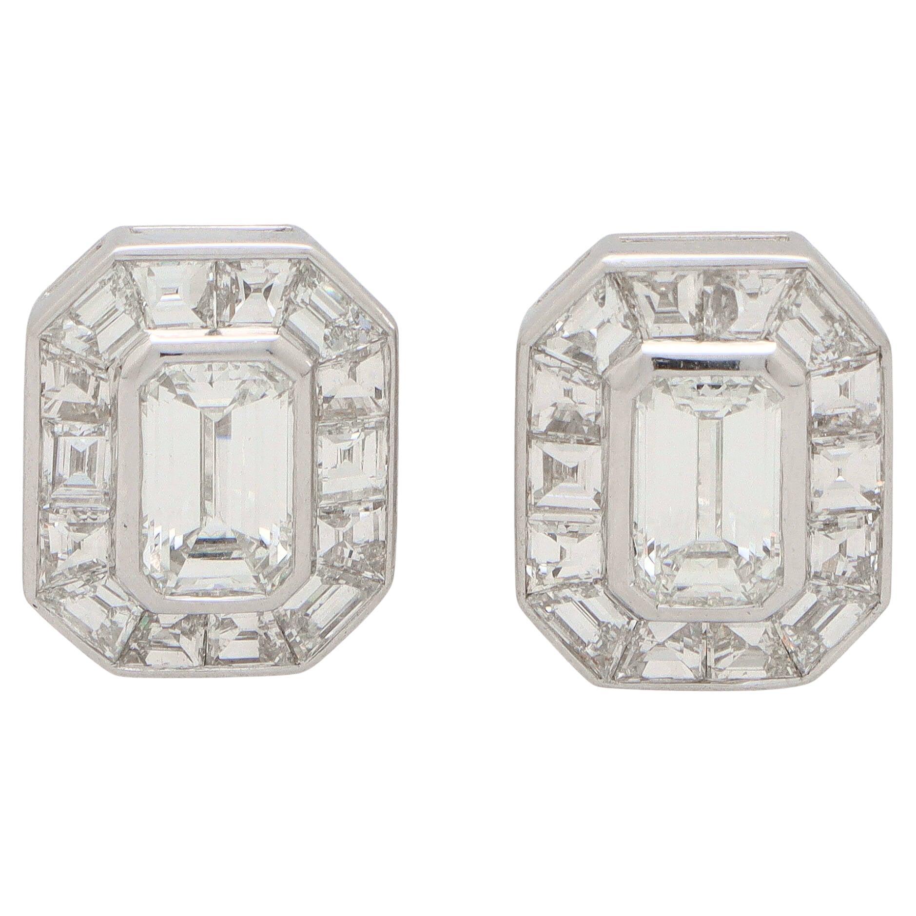  Art Deco Inspired Emerald Cut Diamond Target Earrings in Platinum For Sale