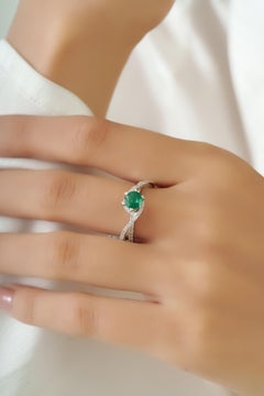 Art Deco Inspired Emerald & Diamond Crossover Cocktail Ring in 18K White Gold