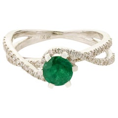Art Deco Inspired Emerald & Diamond Crossover Cocktail Ring in 18K White Gold