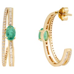 Boucles d'oreilles créoles à double rangée, ornées d'émeraudes et de diamants, d'inspiration Art déco, en or jaune 14 carats