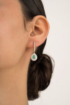 Art Deco Inspired Emerald & Diamond Halo Drop Leverback Earrings in 14K Gold