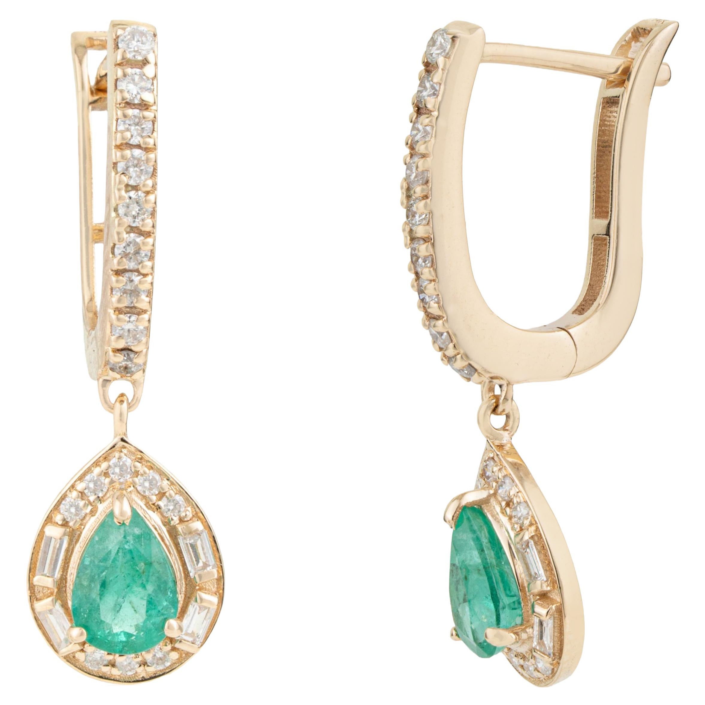 Art Deco Inspired Emerald & Diamond Halo Drop Leverback Earrings in 14K Gold