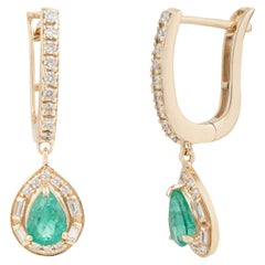 Art Deco Inspired Emerald & Diamond Halo Drop Leverback Earrings in 14K Gold