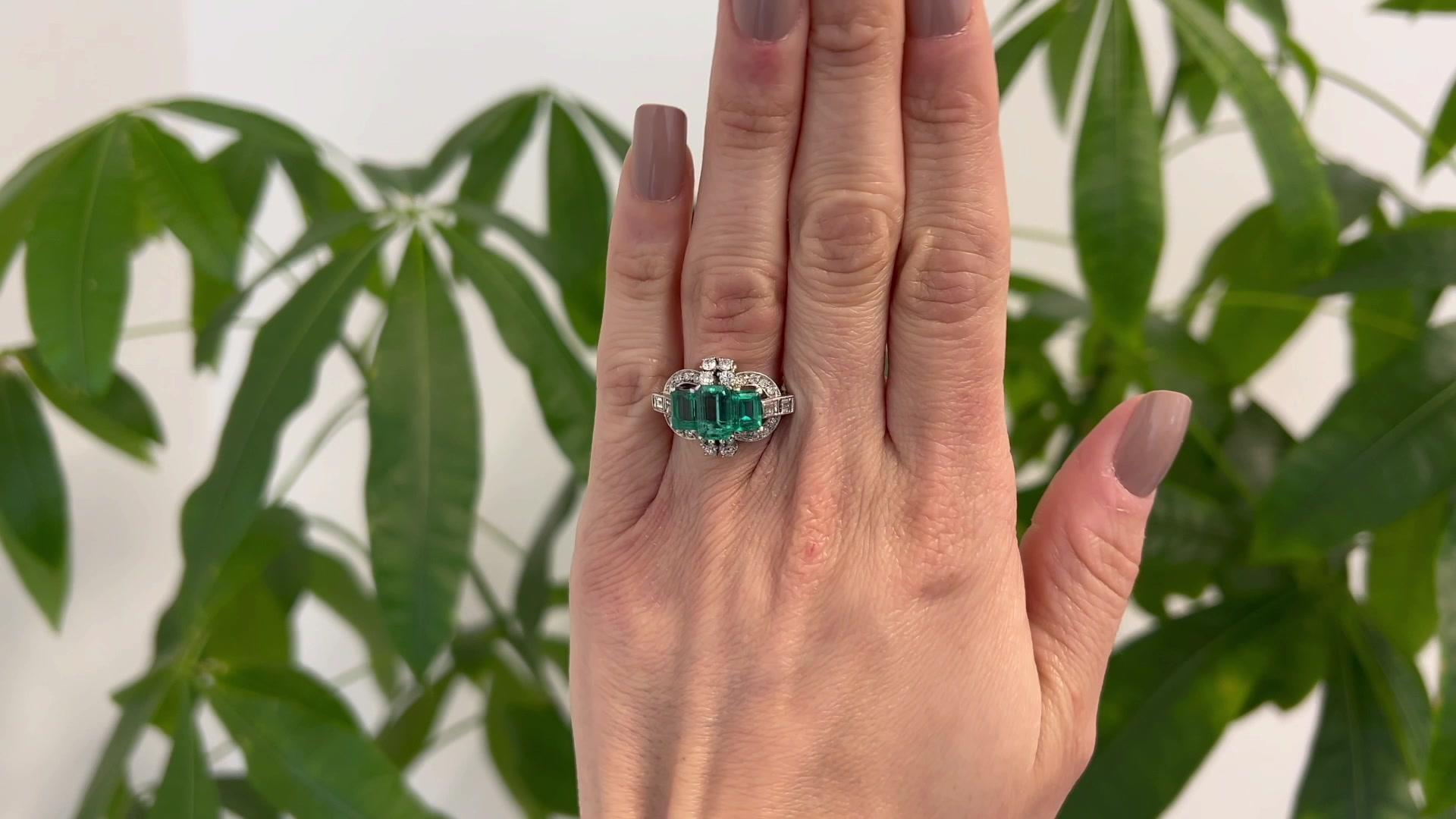 Single Cut Art Deco Inspired Emerald Diamond Platinum Cocktail Ring For Sale