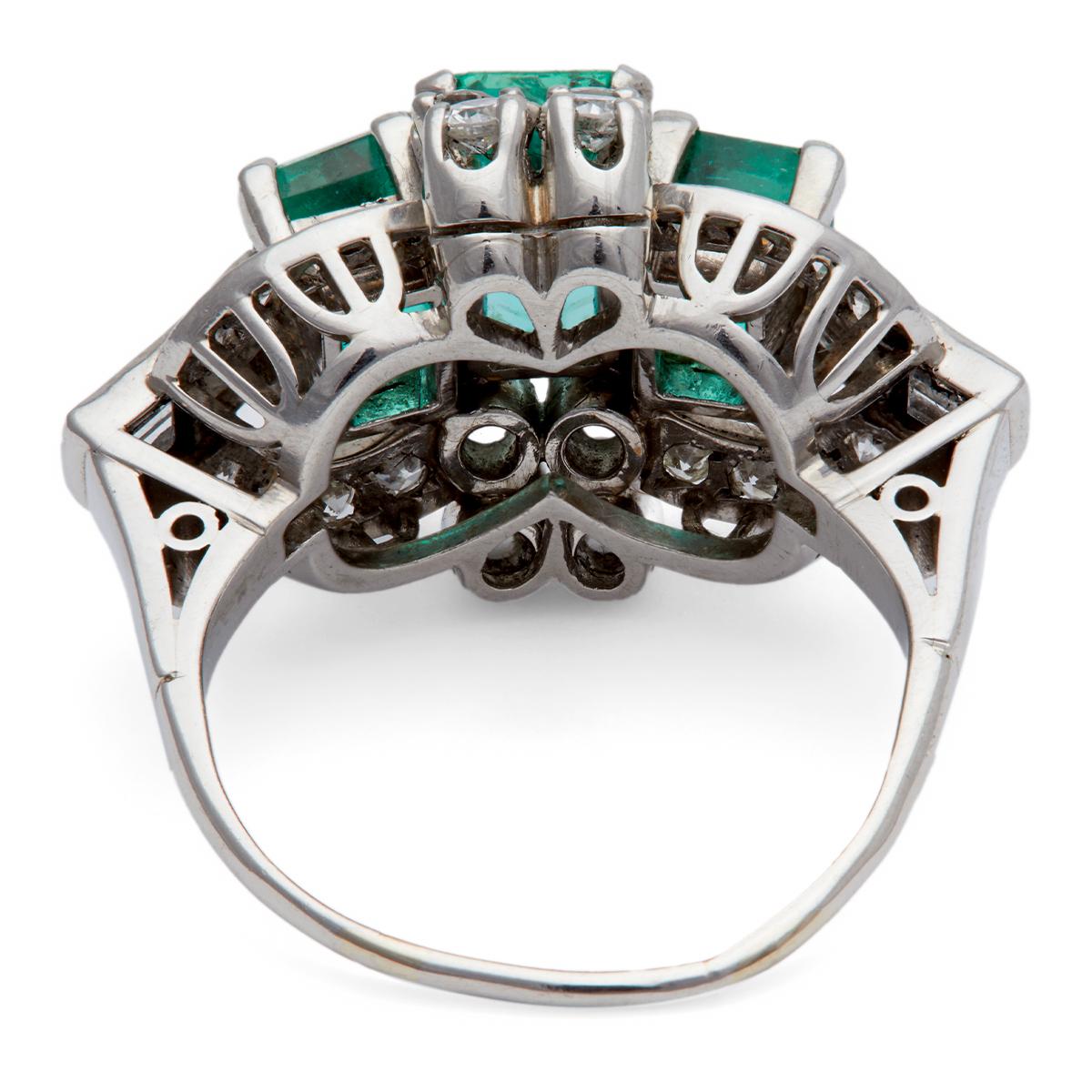 Art Deco Inspired Emerald Diamond Platinum Cocktail Ring For Sale 1