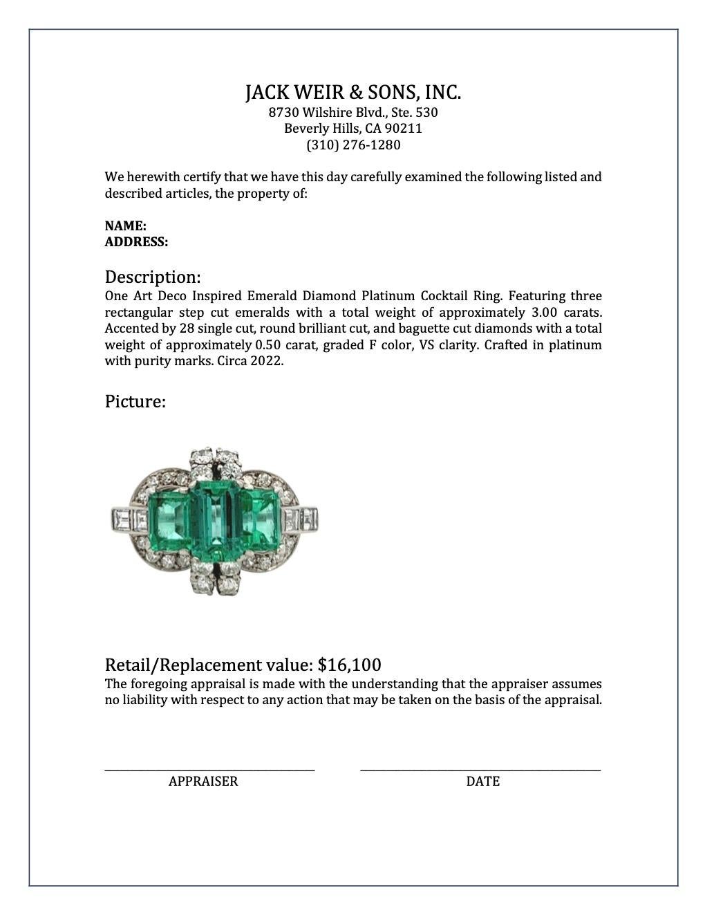 Art Deco Inspired Emerald Diamond Platinum Cocktail Ring For Sale 2