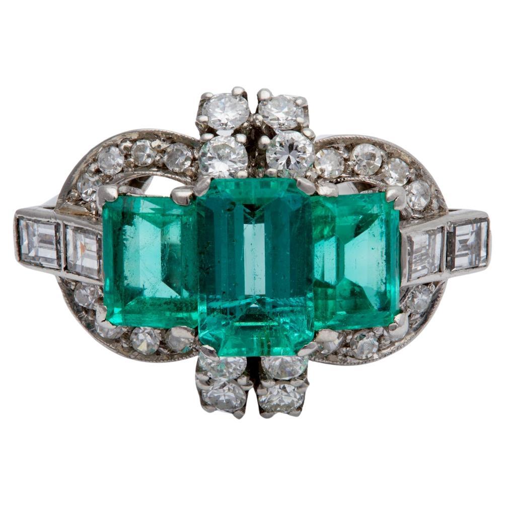 Art Deco Inspired Emerald Diamond Platinum Cocktail Ring For Sale