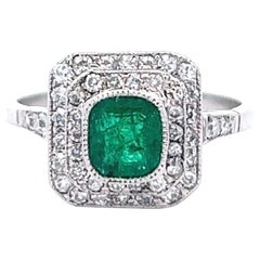 Art Deco Inspired Emerald Diamond Platinum Double Halo Engagement Ring