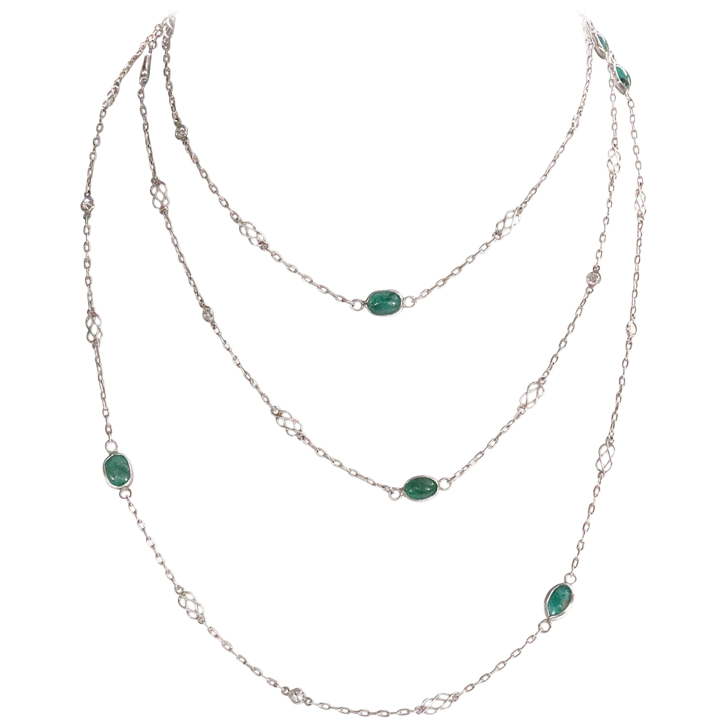 Art Deco Inspired Emerald Diamond Platinum Necklace