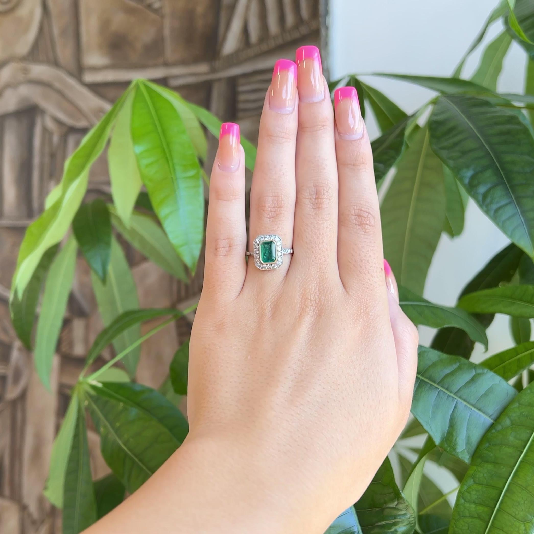 Emerald Cut Art Deco Inspired 0.77 Carat Emerald Diamond Platinum Ring For Sale