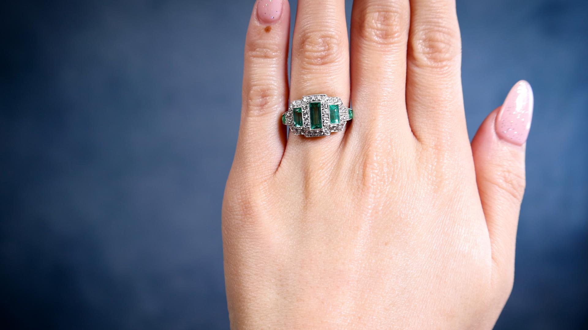 Trapezoid Cut Art Deco Inspired Emerald Diamond Platinum Ring For Sale