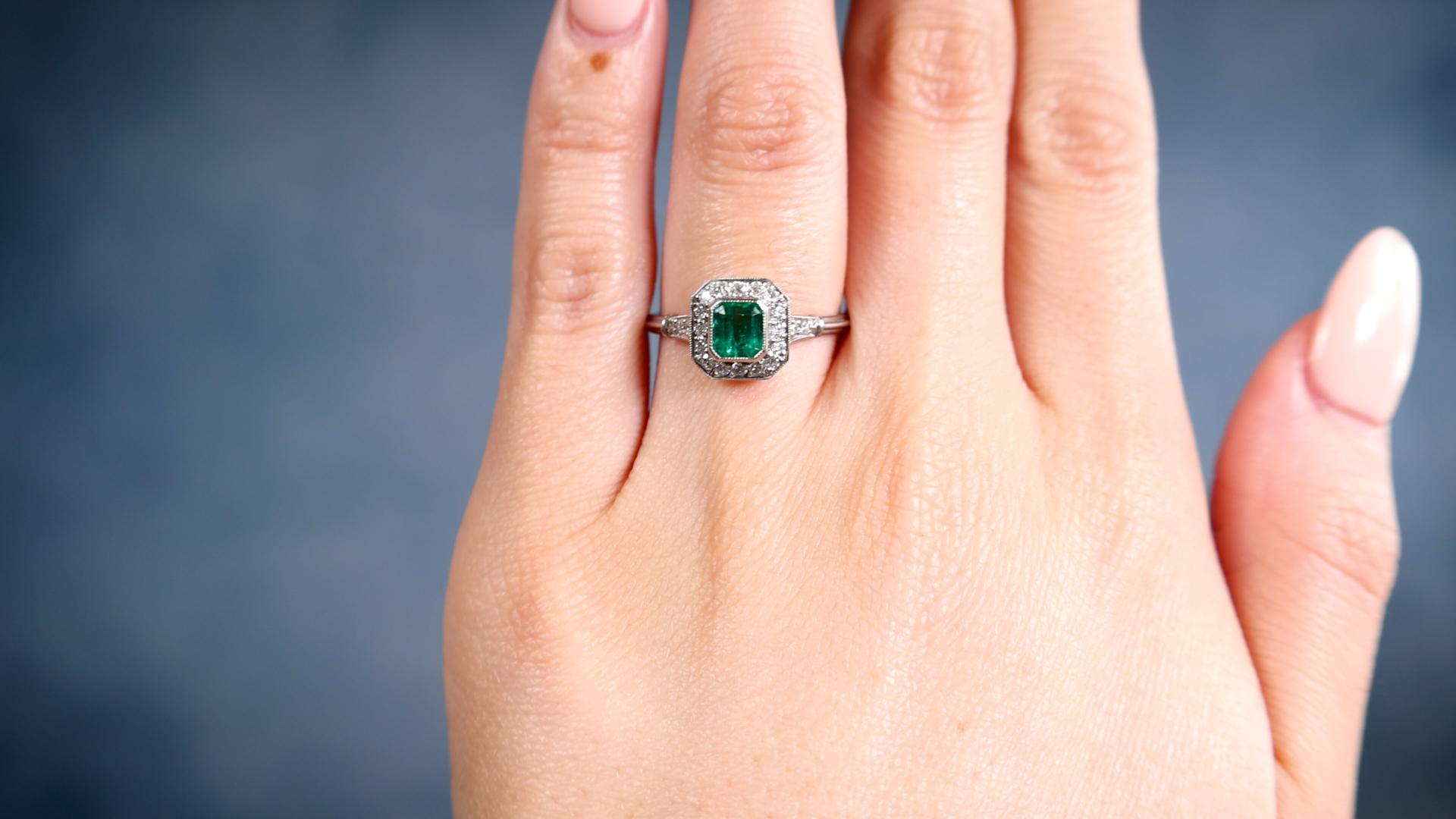 Old European Cut Art Deco Inspired Emerald Diamond Platinum Ring For Sale